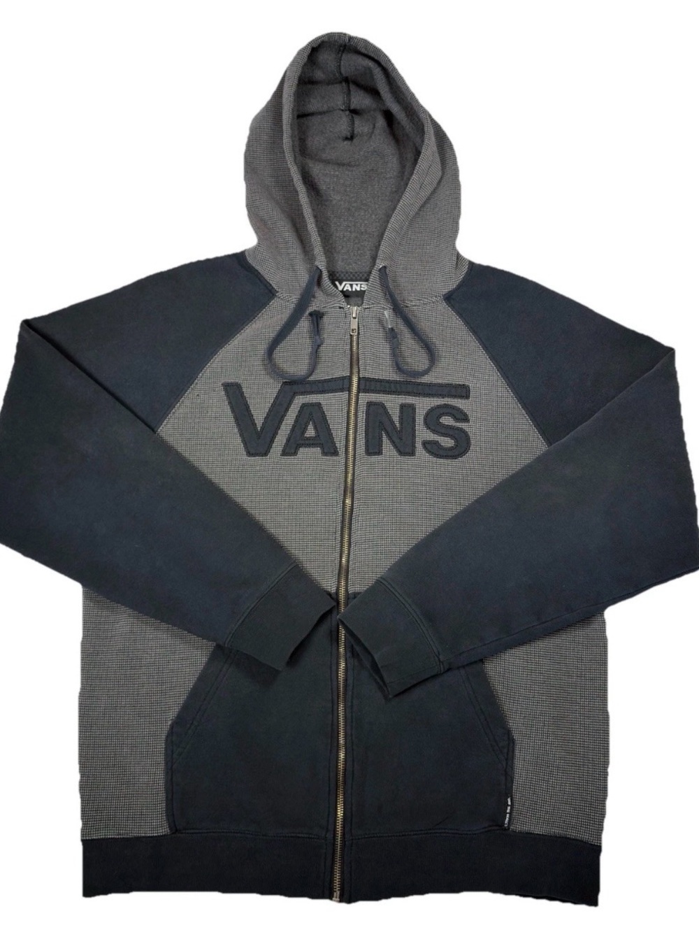 Vans Off The Wall Full Zip Hoodie Mens Medium Grey Waffle Knit Colorblock Black